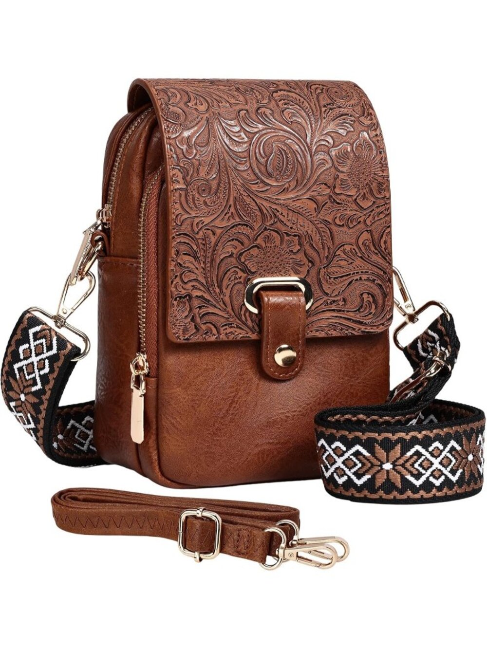 Women's Embossed Brown Vegan Leather Purse Cell Phone Bag Travel Crossbody Bag